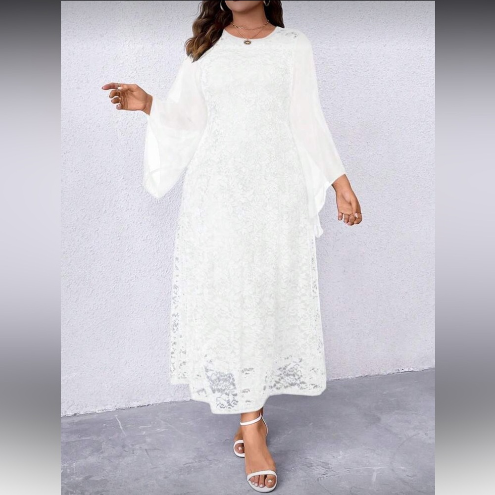 Elegant White Lace Maxi Dress with Sheer Sleeves - Picture 5 of 11